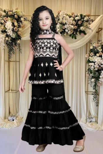 LATEST CREPE EMBROIDERY WORK KID'S TOP SHARARA WITH DUPATTA BLACK