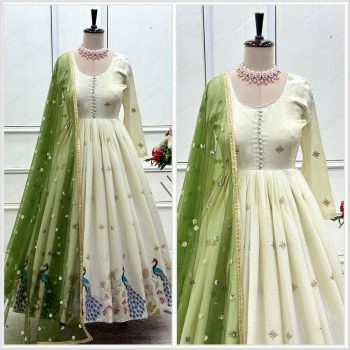 LATEST DOLA SILK EMBROIDERY WORK WITH SWAROVSKI DIAMONDS WORK GOWN BOTTOM WITH DUPATTA OFF WHITE