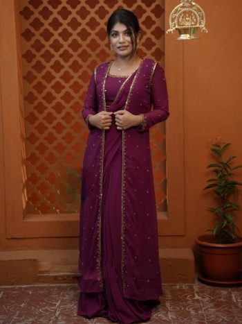 LATEST FAUX GEORGETTE LIGHT EMBROIDERY BORDER WORK LEHENGA BLOUSE SHRUG WITH DUPATTA WINE
