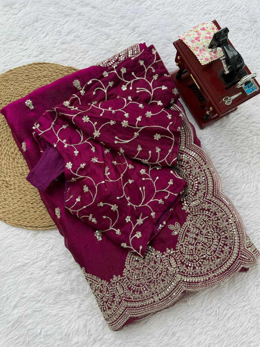 LATEST FENDY CHIFFON THREAD & SEQUENCE EMBROIDERY WORK SAREE WITH UNSTITCHED BLOUSE PARTY WEAR WHOLESALE PRICE ETHNIC GARMENT (2)