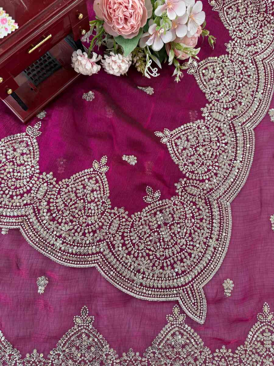 LATEST FENDY CHIFFON THREAD & SEQUENCE EMBROIDERY WORK SAREE WITH UNSTITCHED BLOUSE PARTY WEAR WHOLESALE PRICE ETHNIC GARMENT (5)