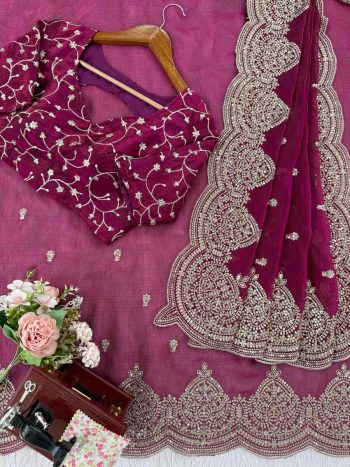 LATEST FENDY CHIFFON THREAD & SEQUENCE EMBROIDERY WORK SAREE WITH UNSTITCHED BLOUSE WINE