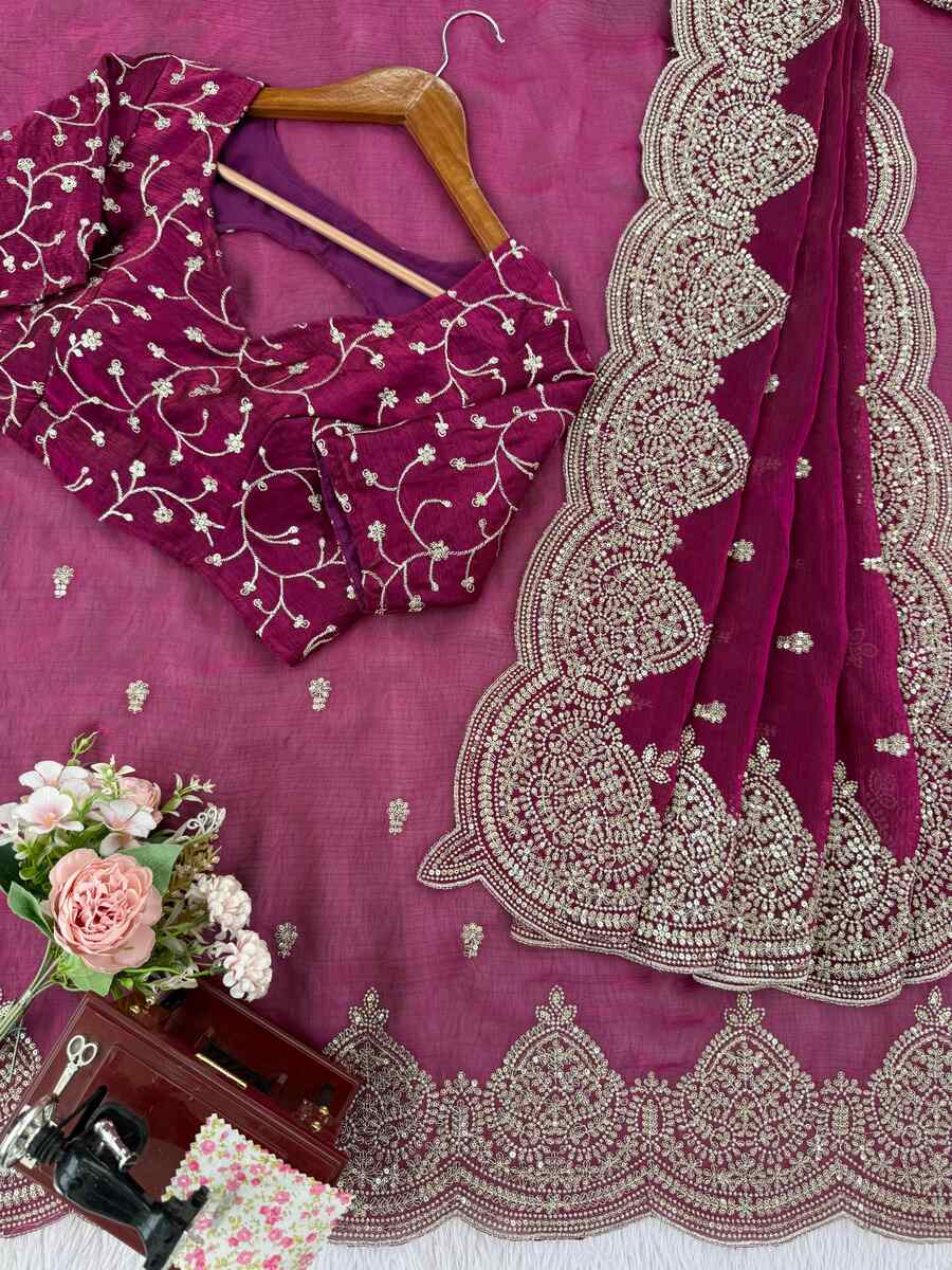 LATEST FENDY CHIFFON THREAD & SEQUENCE EMBROIDERY WORK SAREE WITH UNSTITCHED BLOUSE PARTY WEAR WHOLESALE PRICE ETHNIC GARMENT (6)