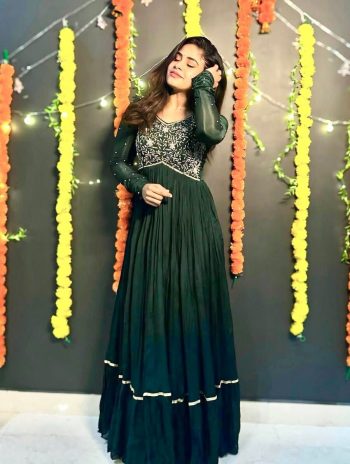 LATEST FRENCH CREPE SILK ZARI SEQUENCE EMBROIDERY WORK GOWN WITH DUPATTA GREEN