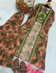 LATEST GEORGETTE DIGITAL PRINT WITH EMBROIDERY SEQUENCE WORK BLOUSE SHARARA WITH SHRUG GREEN