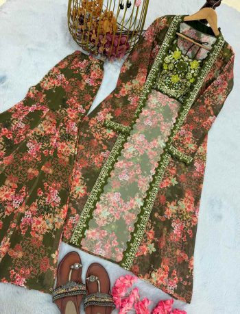 LATEST GEORGETTE DIGITAL PRINT WITH EMBROIDERY SEQUENCE WORK BLOUSE SHARARA WITH SHRUG GREEN