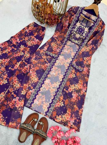 LATEST GEORGETTE DIGITAL PRINT WITH EMBROIDERY SEQUENCE WORK BLOUSE SHARARA WITH SHRUG PURPLE