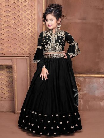 LATEST GEORGETTE EMBROIDERY SEQUENCE WORK KID'S TOP LEHENGA WITH DUPATTA BLACK