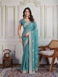 LATEST GEORGETTE EMBROIDERY WITH PIPING BORDER WORK SAREE WITH UNSTITCHED BLOUSE SKY