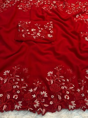 LATEST GEORGETTE EMBROIDERY WORK SAREE WITH UNSTITCHED BLOUSE RED