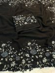LATEST GEORGETTE EMBROIDERY WORK SAREE WITH UNSTITCHED BLOUSE BLACK