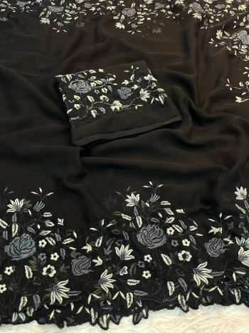 LATEST GEORGETTE EMBROIDERY WORK SAREE WITH UNSTITCHED BLOUSE BLACK