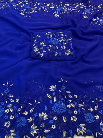 LATEST GEORGETTE EMBROIDERY WORK SAREE WITH UNSTITCHED BLOUSE BLUE