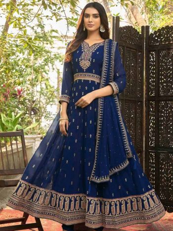 LATEST GEORGETTE EMBROIDERY ZARI SEQUENCE WORK GOWN WITH DUPATTA BLUE