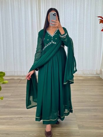DESIGNER GEORGETTE HANDWORK ALIIA CUT GOWN BOTTOM WITH DUPATTA GREEN