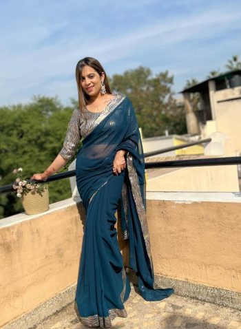 LATEST GEORGETTE SEQUENCE AND LACE WITH PIPING WORK SAREE WITH UNSTITCHED BLOUSE TEAL