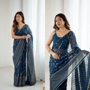 LATEST GEORGETTE SILK FOIL PRINTED WITH LACE BORDER WORK SAREE WITH UNSTITCHED BLOUSE TEAL