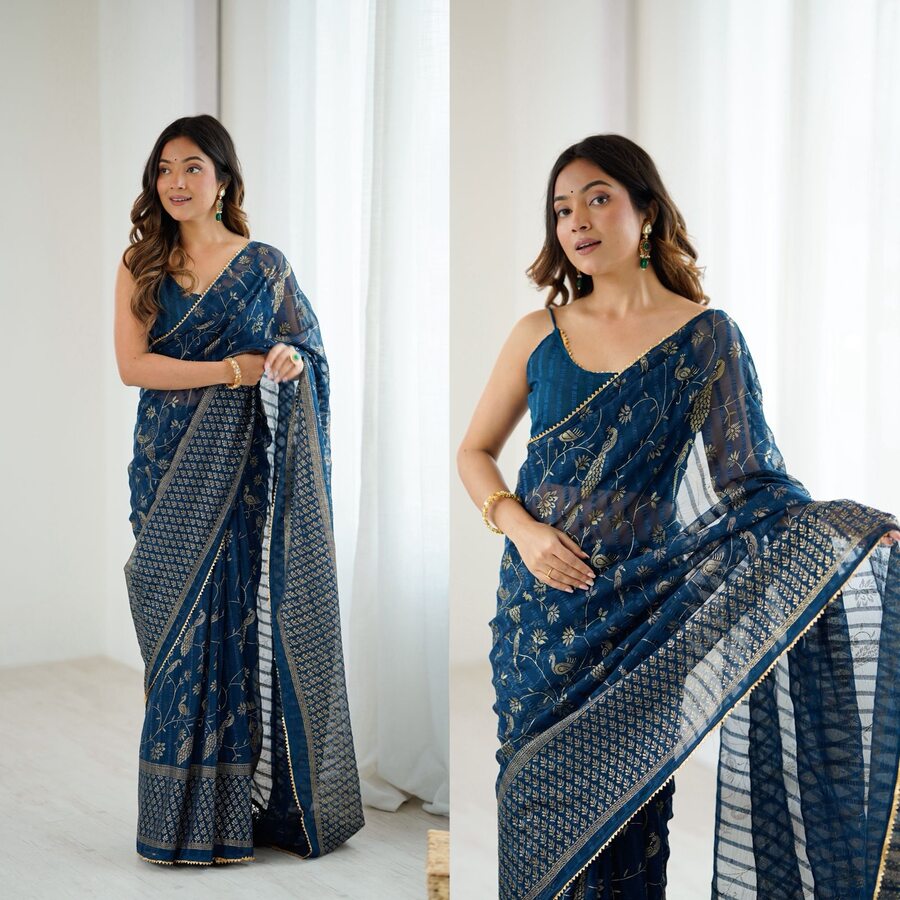 LATEST GEORGETTE SILK FOIL PRINTED WITH LACE BORDER WORK SAREE WITH UNSTITCHED BLOUSE FESTIVE WEAR WHOLESALE PRICE ETHNIC GARMENT (3)