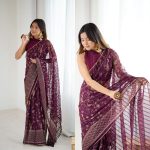 LATEST GEORGETTE SILK FOIL PRINTED WITH LACE BORDER WORK SAREE WITH UNSTITCHED BLOUSE WINE