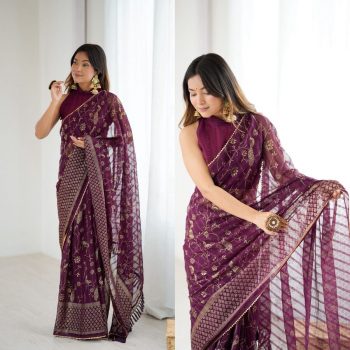 LATEST GEORGETTE SILK FOIL PRINTED WITH LACE BORDER WORK SAREE WITH UNSTITCHED BLOUSE WINE