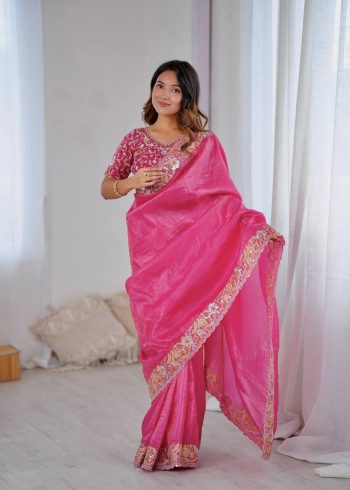 LATEST GOLD CRUSH EMBROIDERY THREADS, CODING & SEQUENCE WORK SAREE WITH UNSTITCHED BLOUSE PINK