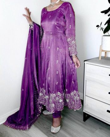 LATEST JIMMY CHOO EMBROIDERY THREAD WORK GOWN BOTTOM WITH DUPATTA PURPLE