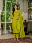 LATEST MARINA SILK MULTI EMBROIDERY THREAD, WITH HAND WORK TOP BOTTOM WITH DUPATTA PARROT GREEN