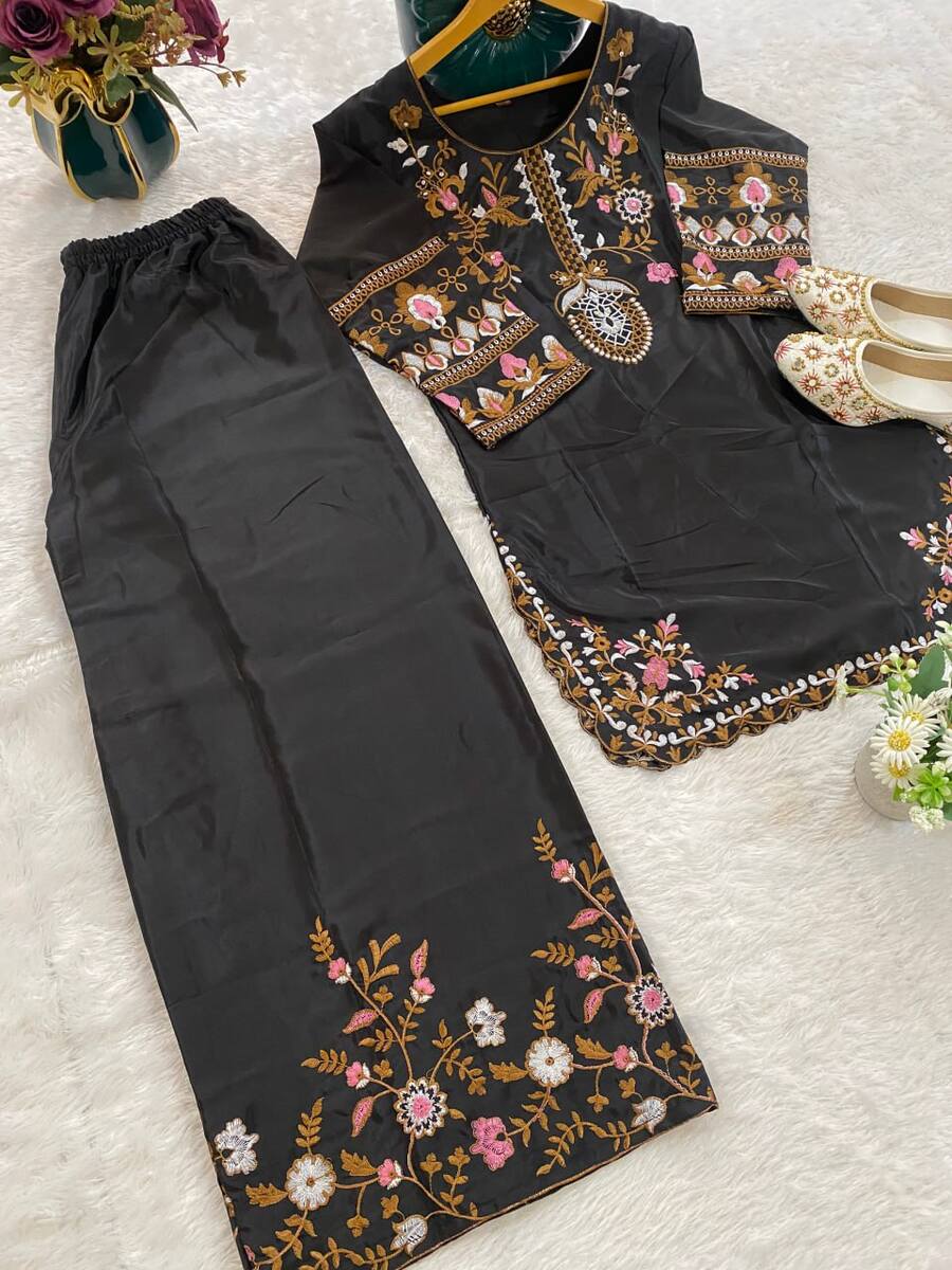 LATEST NATURAL CREPE EMBROIDERY WITH MULTI COLOR TREAD AND HAND WORK KURTI PALAZZO SET FESTIVE WEAR WHOLESALE PRICE ETHNIC GARMENT (1)