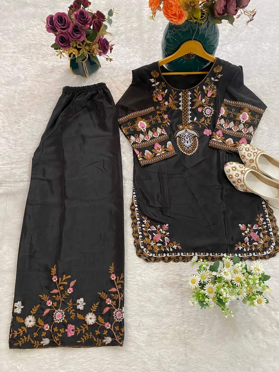 LATEST NATURAL CREPE EMBROIDERY WITH MULTI COLOR TREAD AND HAND WORK KURTI PALAZZO SET FESTIVE WEAR WHOLESALE PRICE ETHNIC GARMENT (11)
