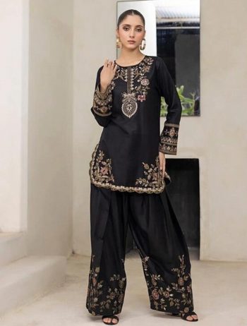 LATEST NATURAL CREPE EMBROIDERY WITH MULTI COLOR TREAD AND HAND WORK KURTI PALAZZO SET BLACK