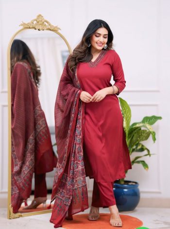 LATEST PARAMPARA SILK EMBROIDERY WORK TOP BOTTOM WITH DUPATTA RED