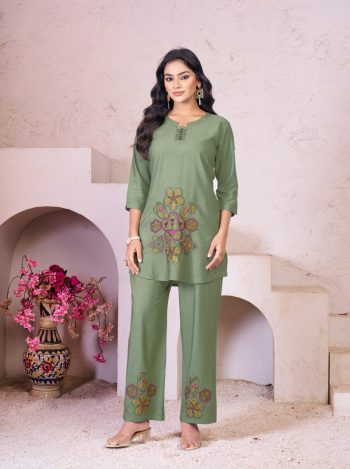 LATEST RAYON MULTI EMBROIDERY THREAD WORK CO-ORD SET GREEN
