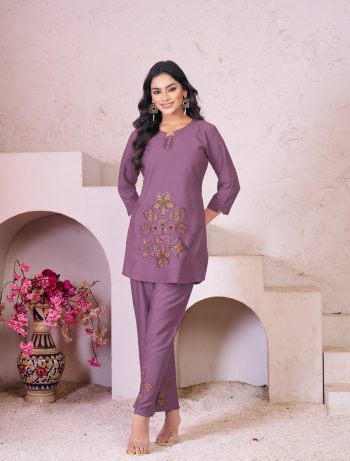 LATEST RAYON MULTI EMBROIDERY THREAD WORK CO-ORD SET PURPLE