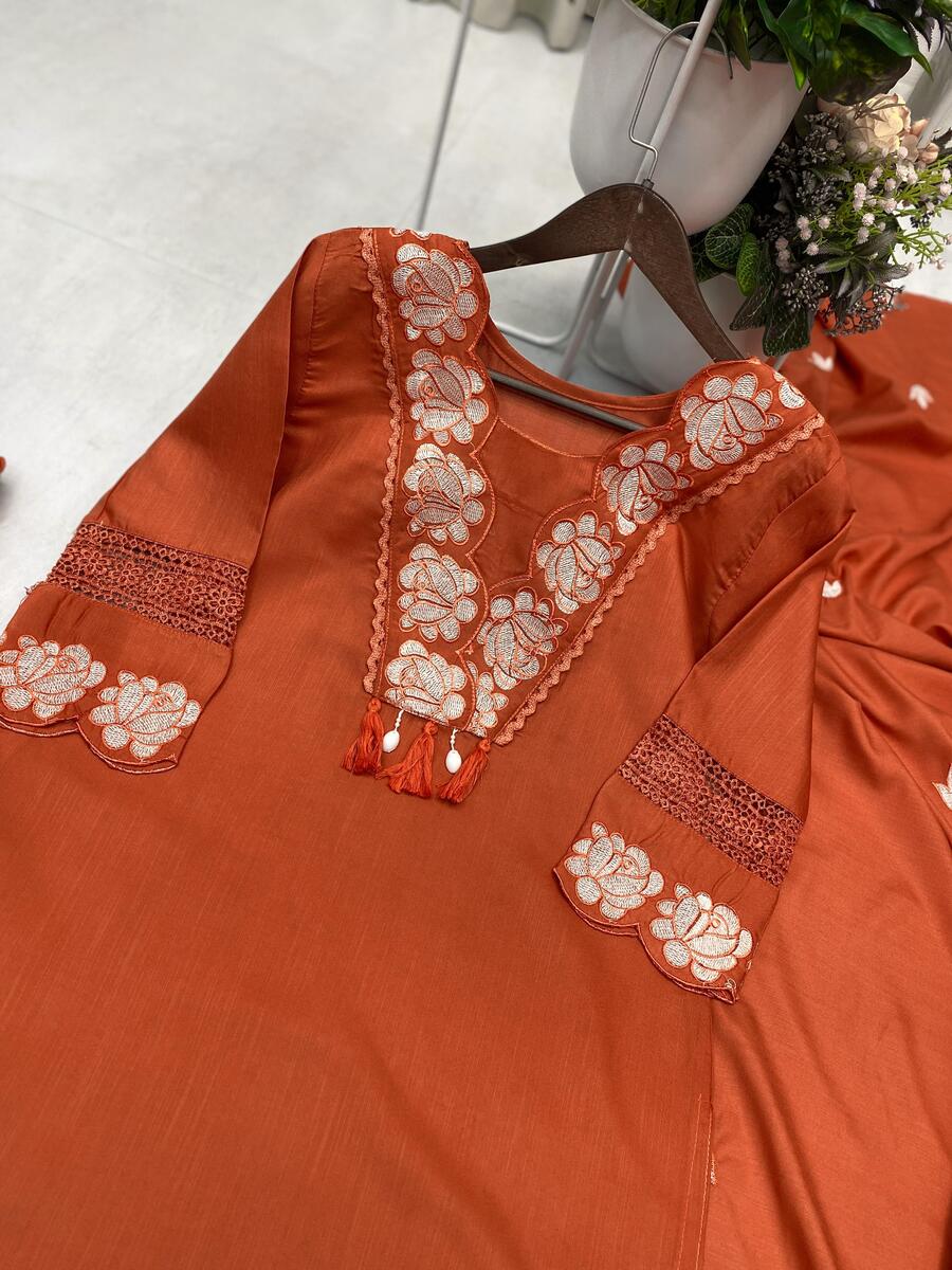 LATEST RAYON SLUB COTTON EMBROIDERY WITH KODI LATKAN LACE WORK TOP BOTTOM WITH DUPATTA FESTIVAL WEAR WHOLESALE PRICE ETHNIC GARMENT (1)
