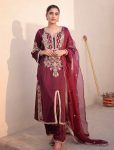 LATEST SATIN SILK EMBROIDERY SEQUENCE & CODING DORI WORK TOP BOTTOM WITH DUPATTA MAROON
