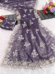 LATEST SHIMMER SILK SEQUENCE EMBROIDERY WORK SAREE WITH UNSTITCHED BLOUSE LAVENDER