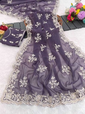 LATEST SHIMMER SILK SEQUENCE EMBROIDERY WORK SAREE WITH UNSTITCHED BLOUSE LAVENDER