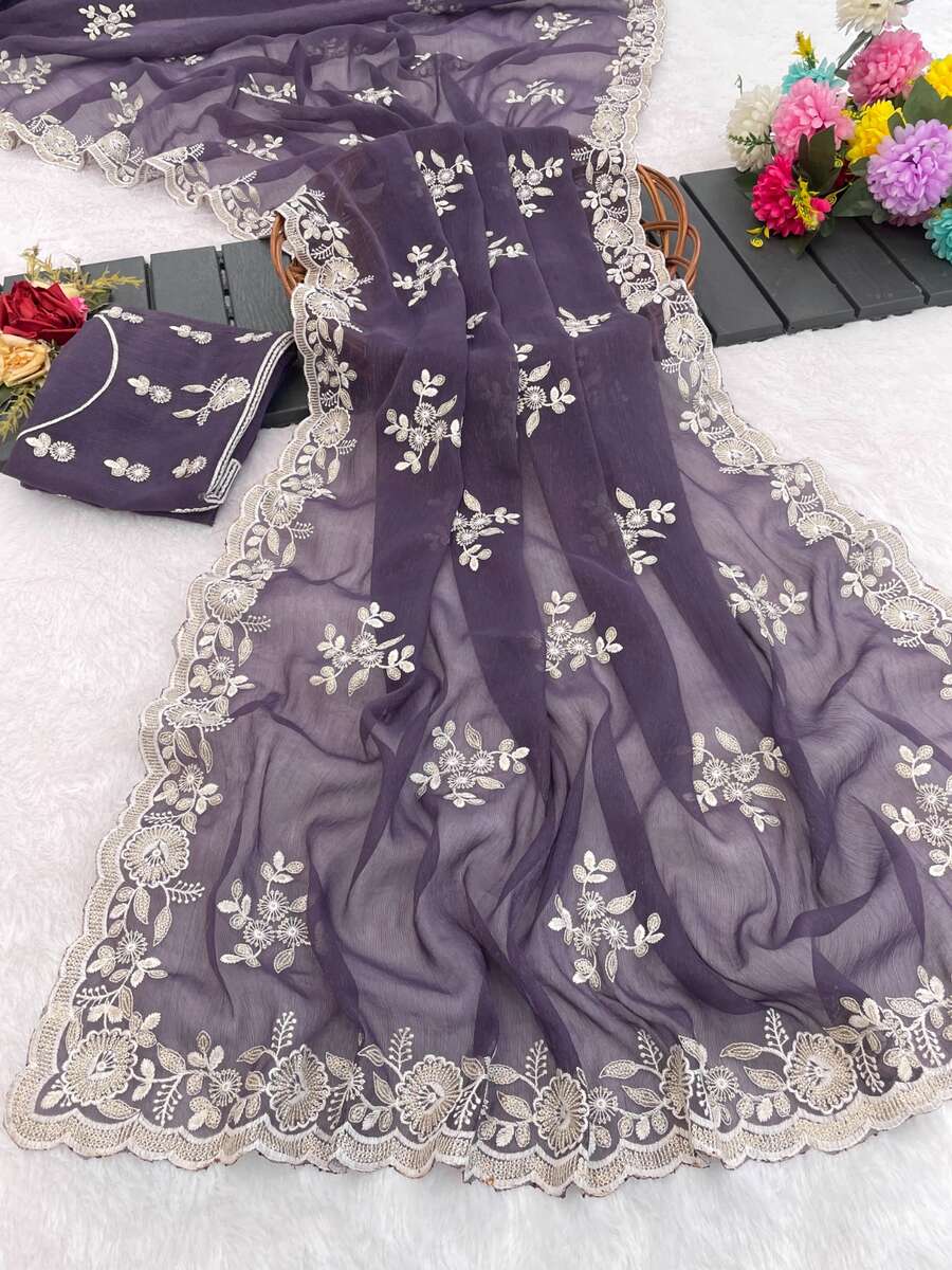 LATEST SHIMMER SILK SEQUENCE EMBROIDERY WORK SAREE WITH UNSTITCHED BLOUSE WEDDING WEAR WHOLESALE PRICE ETHNIC GARMENT (12)