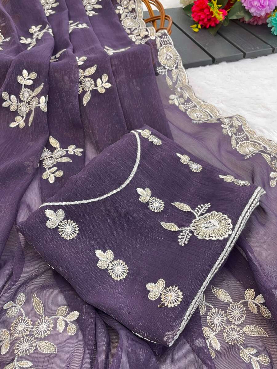 LATEST SHIMMER SILK SEQUENCE EMBROIDERY WORK SAREE WITH UNSTITCHED BLOUSE WEDDING WEAR WHOLESALE PRICE ETHNIC GARMENT (14)