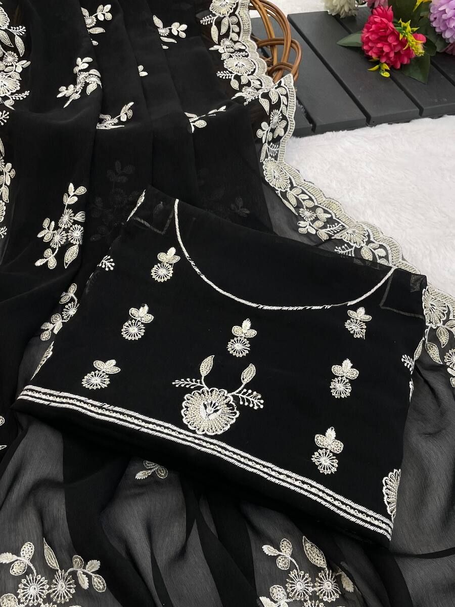 LATEST SHIMMER SILK SEQUENCE EMBROIDERY WORK SAREE WITH UNSTITCHED BLOUSE WEDDING WEAR WHOLESALE PRICE ETHNIC GARMENT (15)