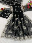 LATEST SHIMMER SILK SEQUENCE EMBROIDERY WORK SAREE WITH UNSTITCHED BLOUSE BLACK