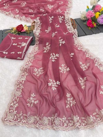 LATEST SHIMMER SILK SEQUENCE EMBROIDERY WORK SAREE WITH UNSTITCHED BLOUSE PINK