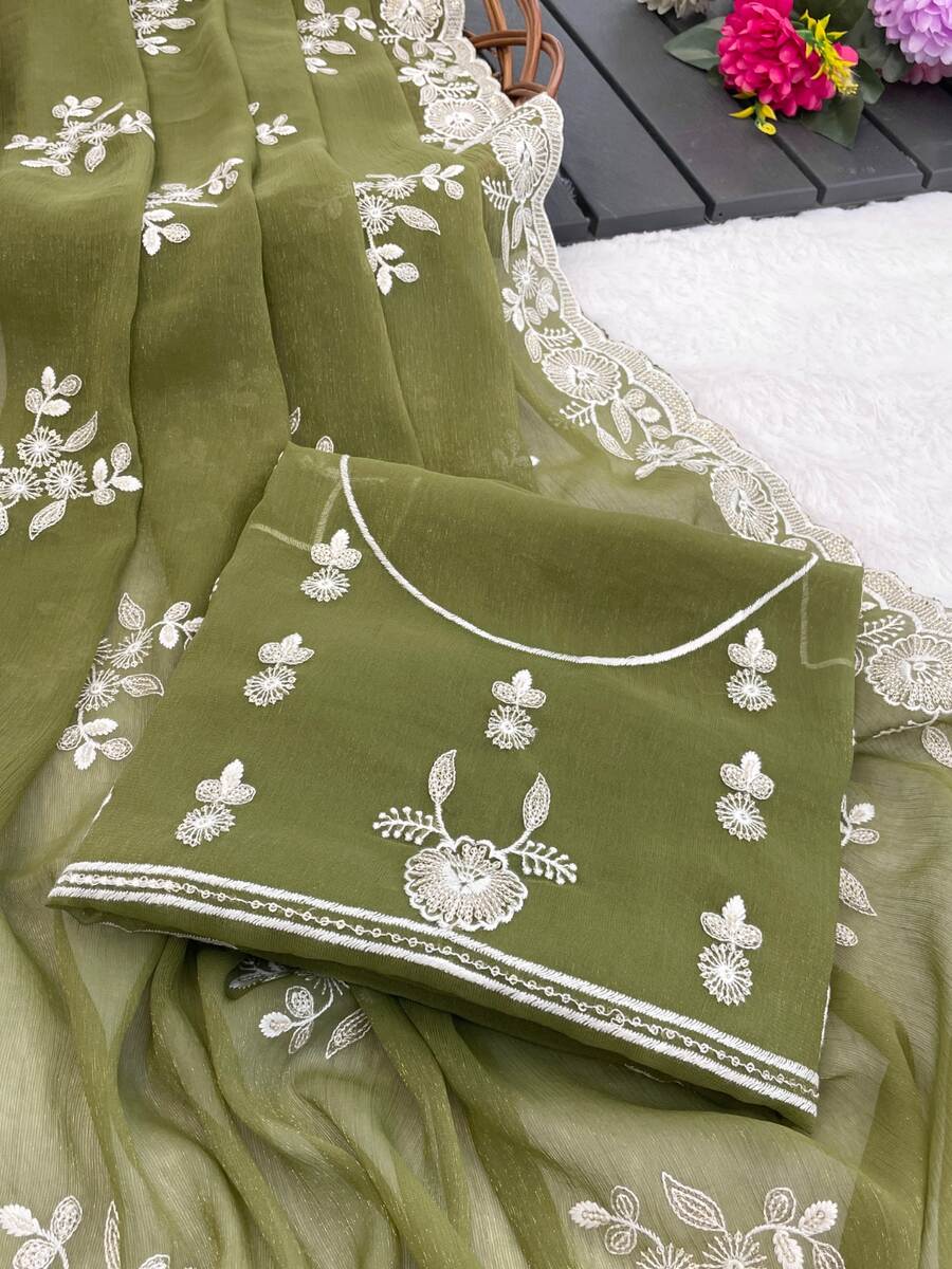 LATEST SHIMMER SILK SEQUENCE EMBROIDERY WORK SAREE WITH UNSTITCHED BLOUSE WEDDING WEAR WHOLESALE PRICE ETHNIC GARMENT (7)
