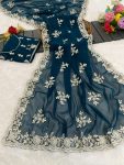LATEST SHIMMER SILK SEQUENCE EMBROIDERY WORK SAREE WITH UNSTITCHED BLOUSE TEAL