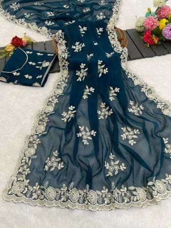 LATEST SHIMMER SILK SEQUENCE EMBROIDERY WORK SAREE WITH UNSTITCHED BLOUSE TEAL