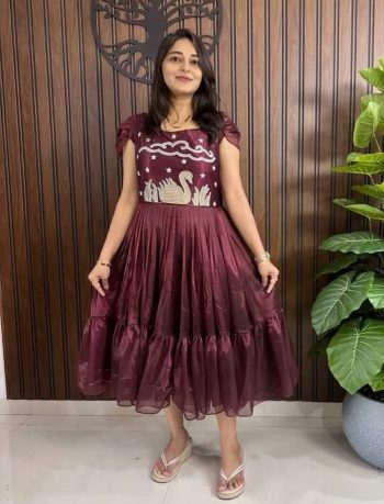 LATEST TISSUE SILK HANDWORK ONE PIECE BROWN