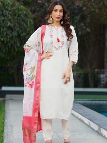 LATEST VISCOSE SILK MULTI EMBROIDERY THREAD, WITH HAND WORK TOP BOTTOM WITH DUPATTA WHITE