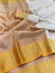 MODERN BANARASI HANDLOOM GOLDEN TISSUE SILK  LUCKNOWI WORK SAREE WITH UNSTITCHED BLOUSE GOLDEN