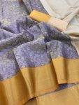 MODERN BANARASI HANDLOOM GOLDEN TISSUE SILK LUCKNOWI WORK SAREE WITH UNSTITCHED BLOUSE LAVENDER