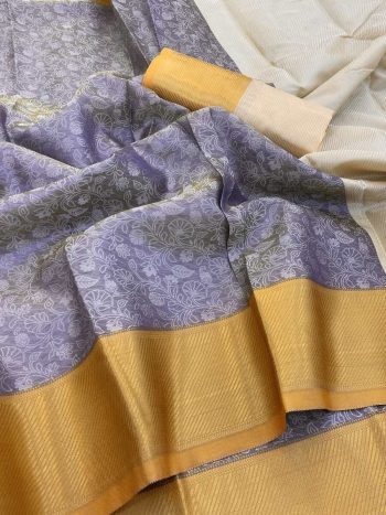 MODERN BANARASI HANDLOOM GOLDEN TISSUE SILK  LUCKNOWI WORK SAREE WITH UNSTITCHED BLOUSE LAVENDER